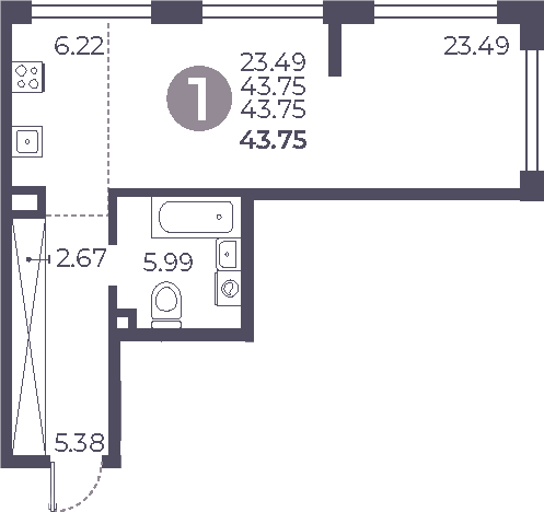 Планировка — Мневники от Гранель, Студия, 44 м²