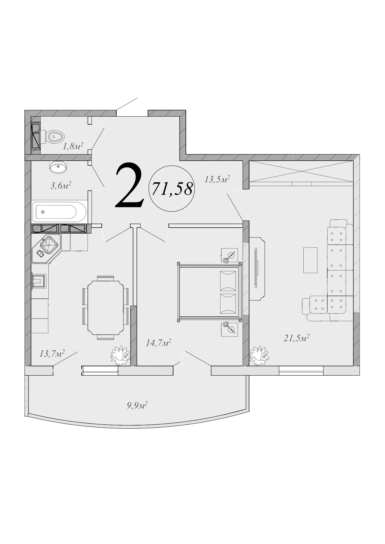 Планировка — Радонеж, 2-комн., 69 м²