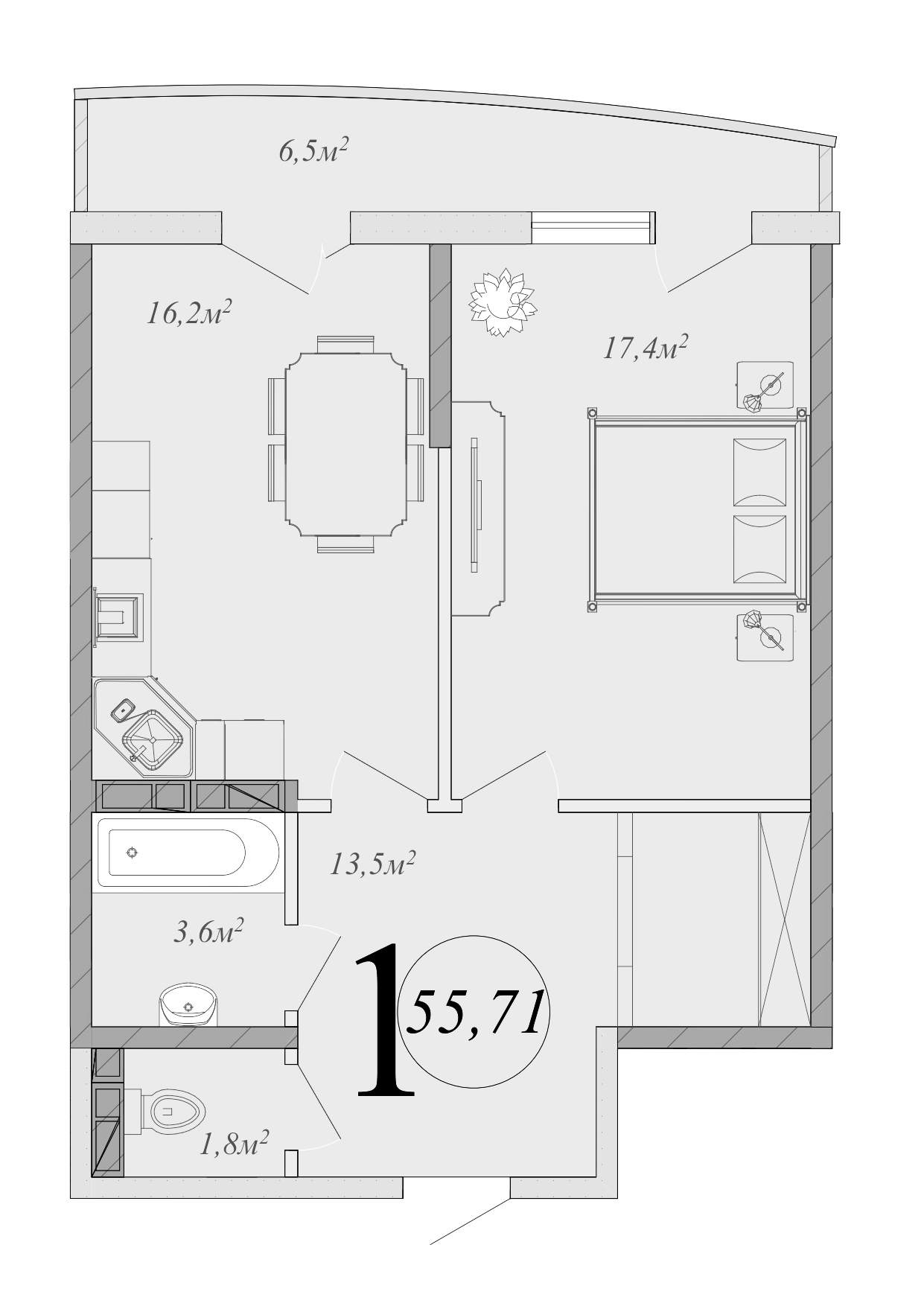Планировка — Радонеж, 2-комн., 52 м²