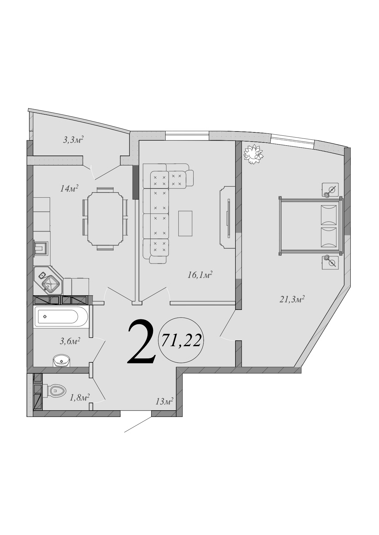 Планировка — Радонеж, 2-комн., 70 м²