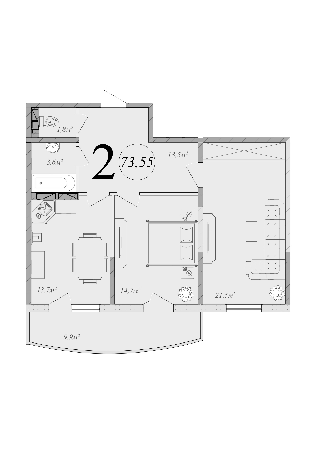 Планировка — Радонеж, 2-комн., 69 м²
