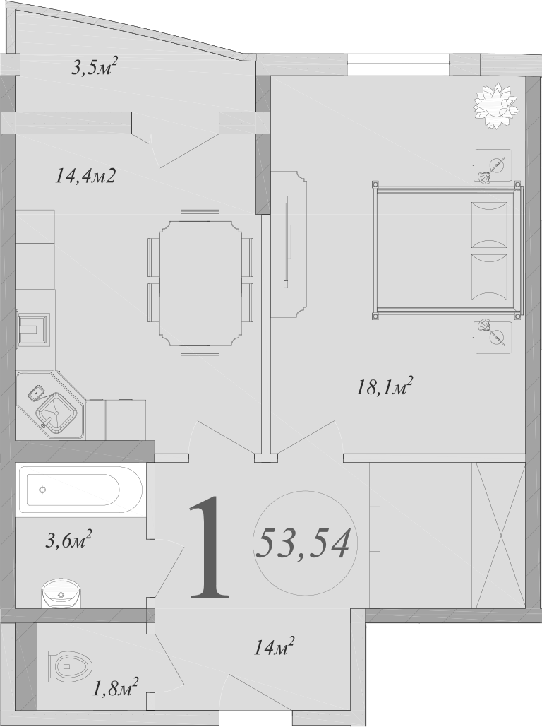 Планировка — Радонеж, 1-комн., 52 м²