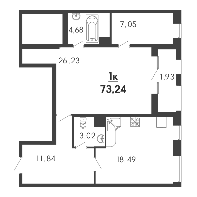 Планировка — Форт Адмирал, 1-комн., 67 м²