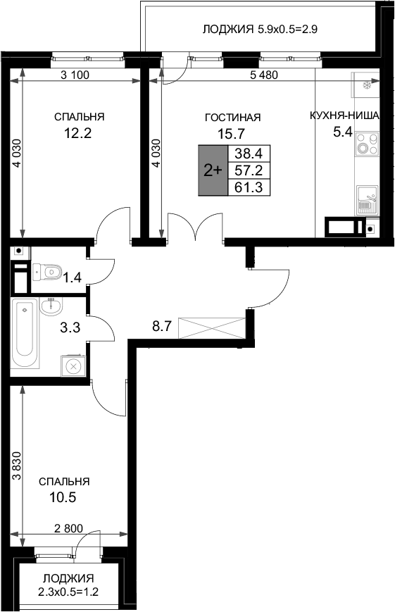 Планировка — Ракурс, 3-комн., 57 м²