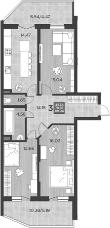 Планировка — Россинский Парк, 3-комн., 78 м²