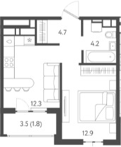 Планировка — Все Свои VIP, 1-комн., 34 м²