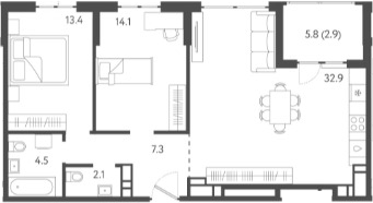 Планировка — Все Свои VIP, 3-комн., 74 м²