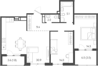 Планировка — Все Свои VIP, 3-комн., 74 м²