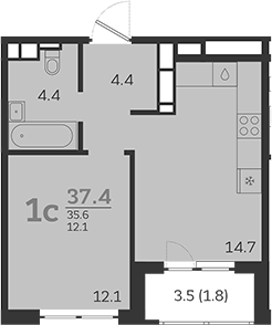 Планировка — Все Свои VIP, 1-комн., 36 м²