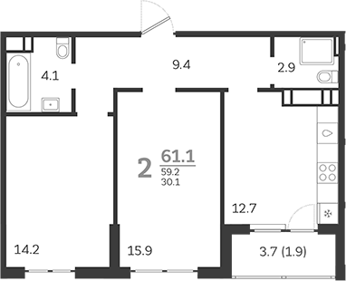 Планировка — Все Свои VIP, 2-комн., 58 м²