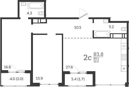 Планировка — Все Свои VIP, 3-комн., 80 м²