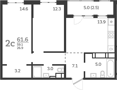 Планировка — Все Свои VIP, 2-комн., 59 м²