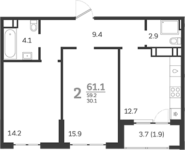 Планировка — Все Свои VIP, 2-комн., 59 м²