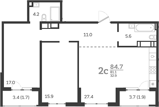 Планировка — Все Свои VIP, 3-комн., 80 м²