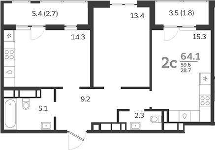 Планировка — Все Свои VIP, 3-комн., 60 м²