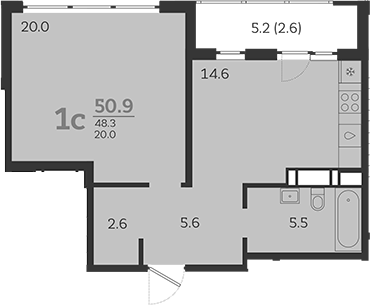Планировка — Все Свои VIP, 1-комн., 48 м²