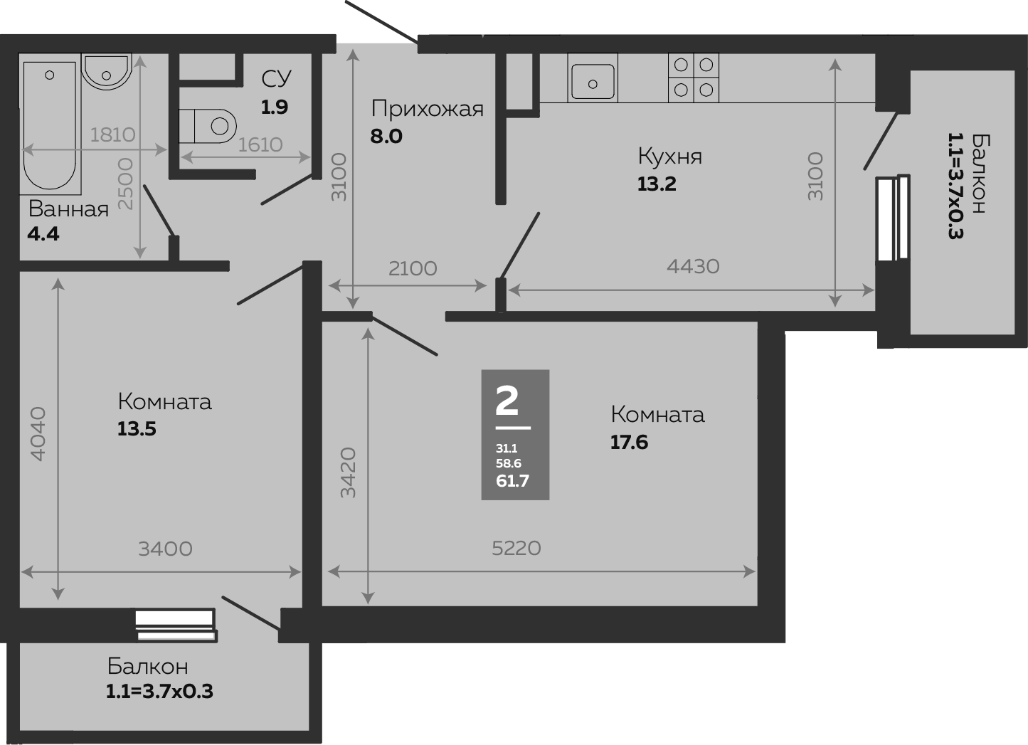 Планировка — Бауинвест, 2-комн., 59 м²