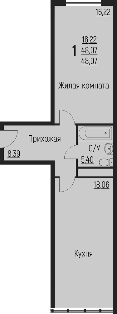Планировка — Центральный, 2-комн., 48 м²