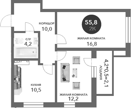 Планировка — Два Адмирала, 2-комн., 54 м²
