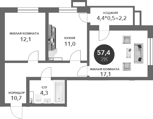 Планировка — Два Адмирала, 2-комн., 55 м²
