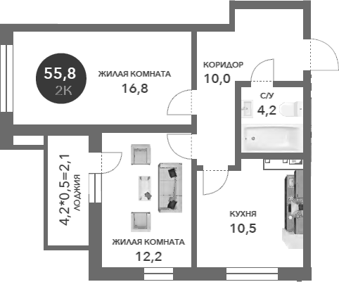 Планировка — Два Адмирала, 2-комн., 54 м²