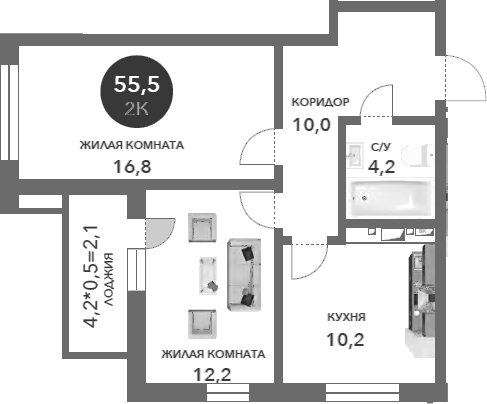 Планировка — Два Адмирала, 2-комн., 53 м²