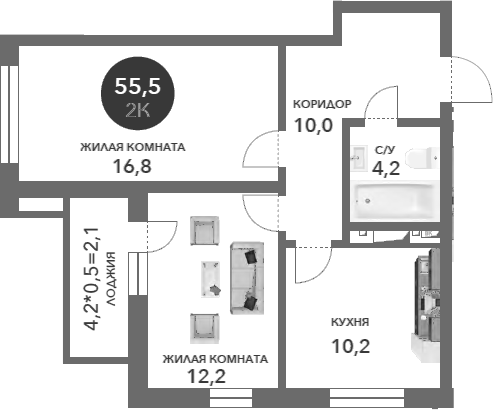 Планировка — Два Адмирала, 2-комн., 53 м²
