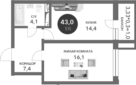Планировка — Два Адмирала, 1-комн., 42 м²