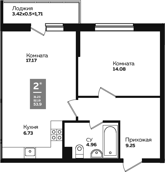 Планировка — Левада, 2-комн., 51 м²