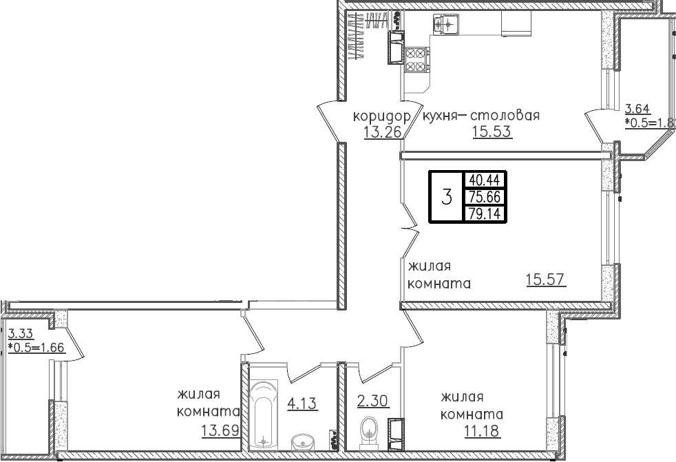 Планировка — URAL, 4-комн., 77 м²
