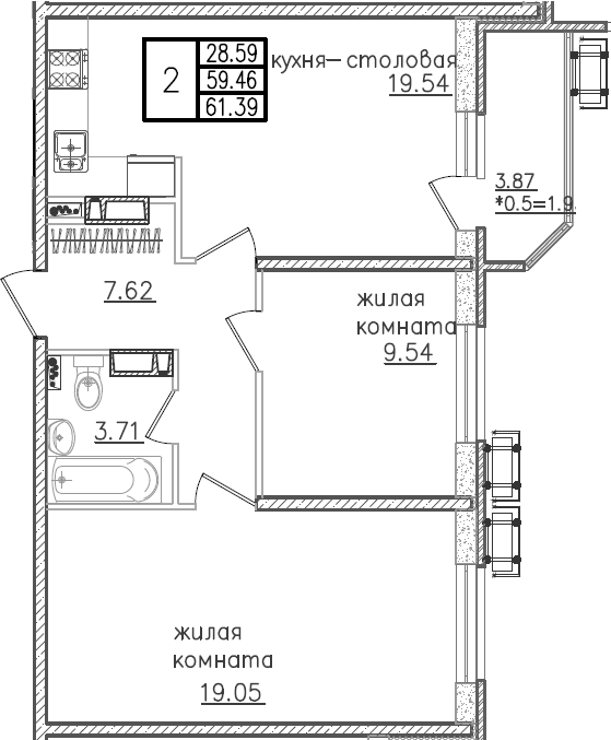 Планировка — URAL, 3-комн., 61 м²