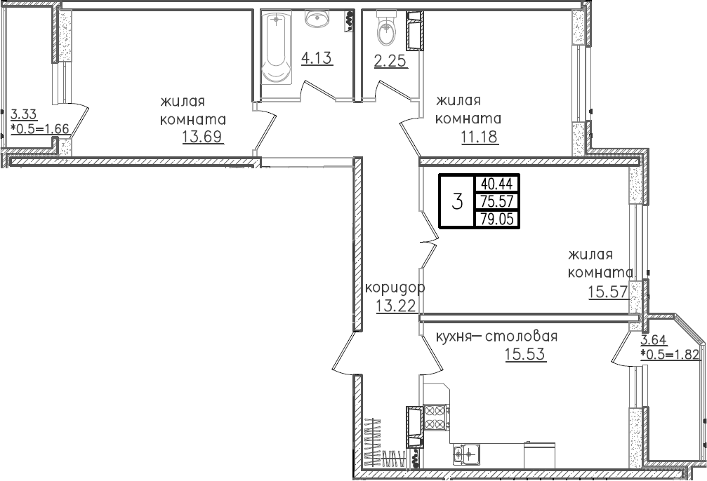 Планировка — URAL, 4-комн., 77 м²