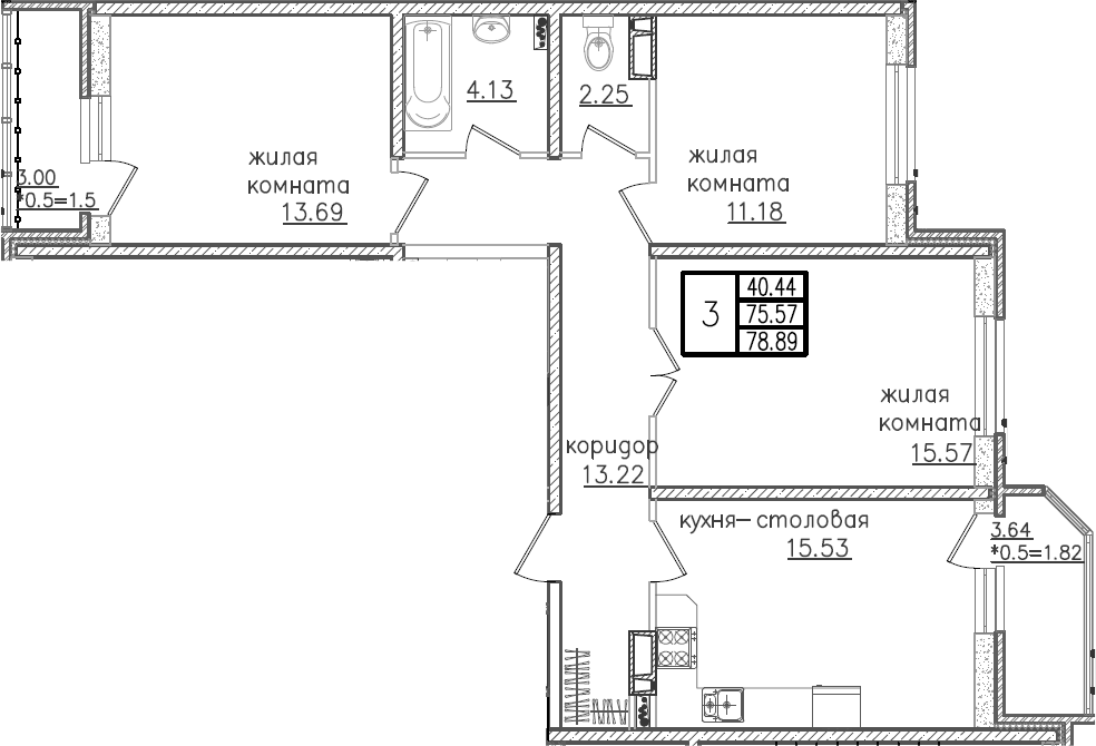 Планировка — URAL, 4-комн., 77 м²