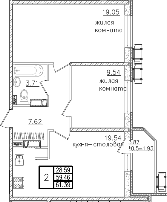 Планировка — URAL, 3-комн., 61 м²