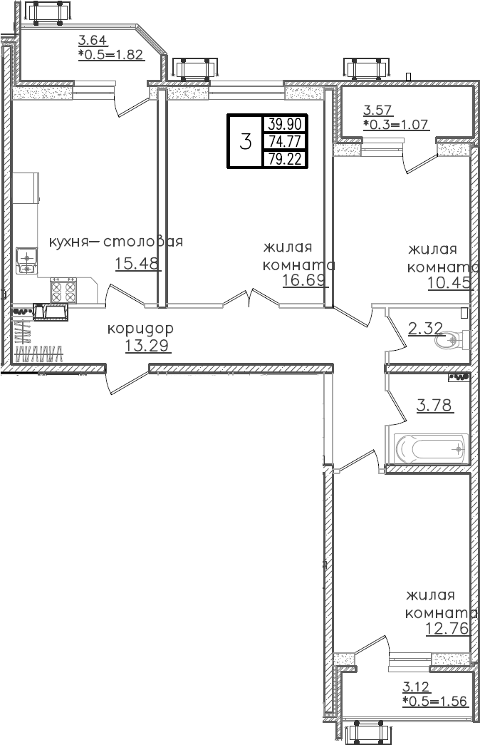 Планировка — URAL, 4-комн., 76 м²