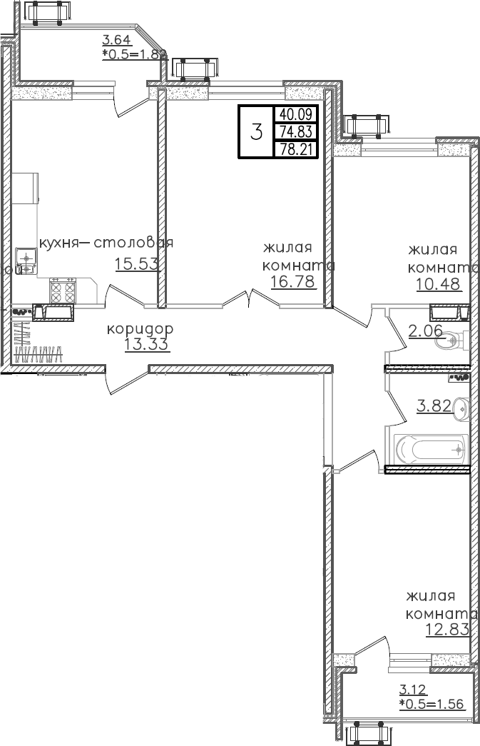Планировка — URAL, 4-комн., 77 м²