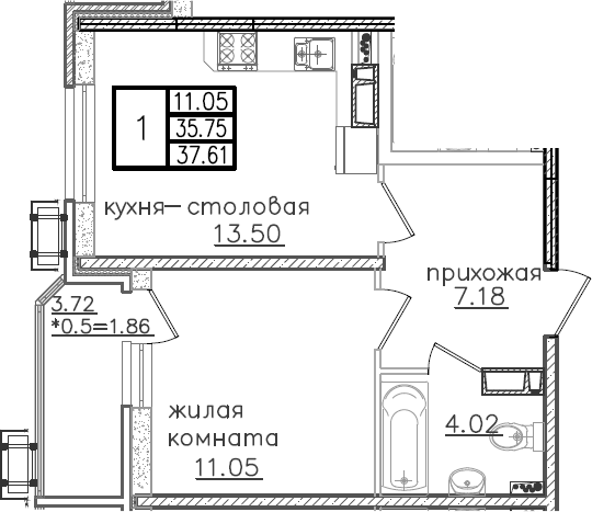 Планировка — URAL, 1-комн., 37 м²