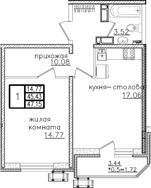 Планировка — URAL, 2-комн., 47 м²