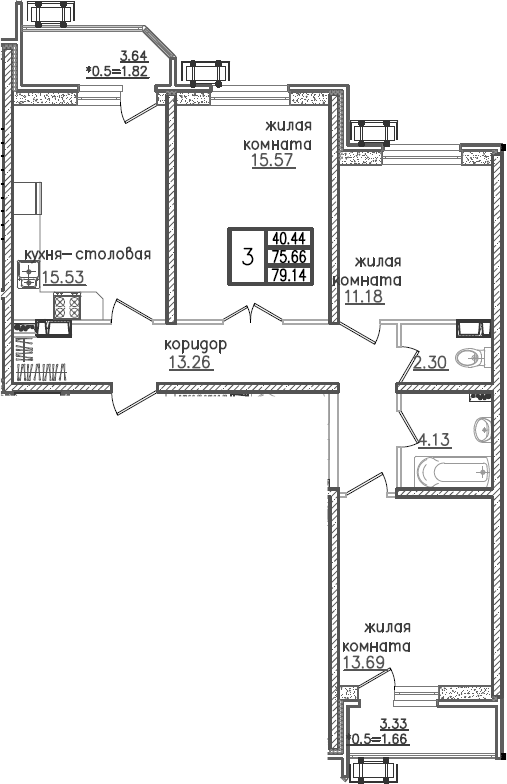 Планировка — URAL, 4-комн., 77 м²