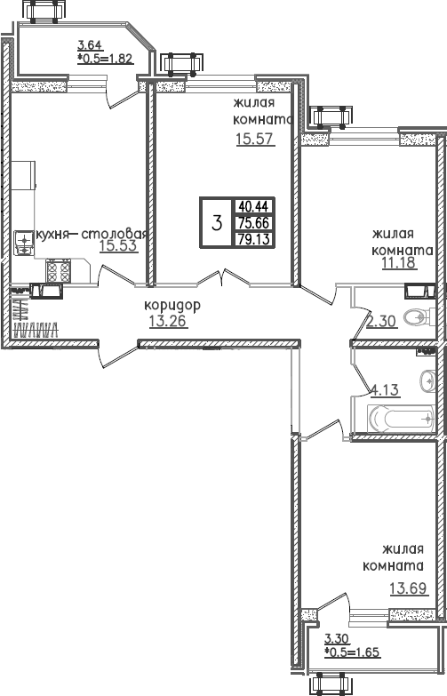 Планировка — URAL, 4-комн., 78 м²