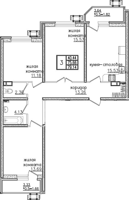 Планировка — URAL, 4-комн., 77 м²