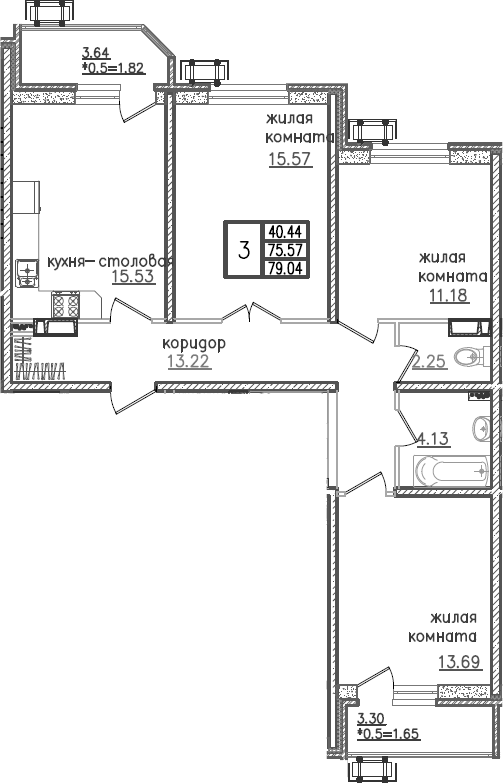 Планировка — URAL, 4-комн., 77 м²