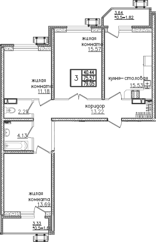 Планировка — URAL, 4-комн., 77 м²