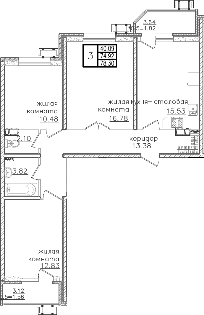 Планировка — URAL, 4-комн., 76 м²