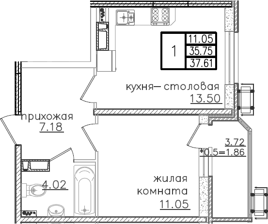 Планировка — URAL, 1-комн., 36 м²