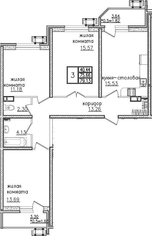 Планировка — URAL, 4-комн., 77 м²