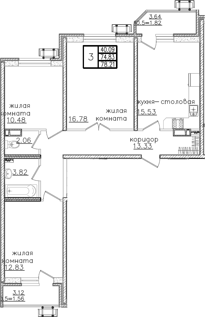 Планировка — URAL, 4-комн., 76 м²