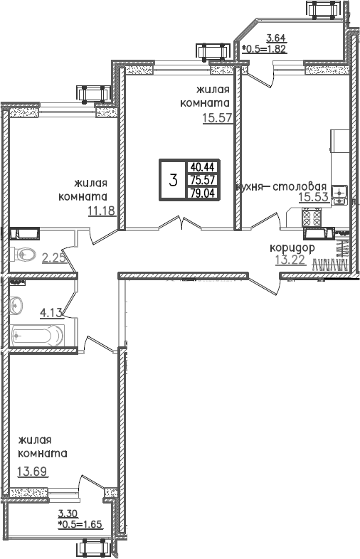 Планировка — URAL, 4-комн., 77 м²