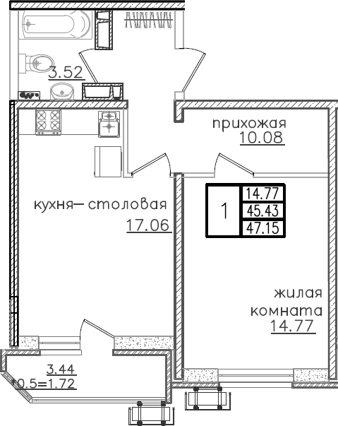 Планировка — URAL, 2-комн., 47 м²