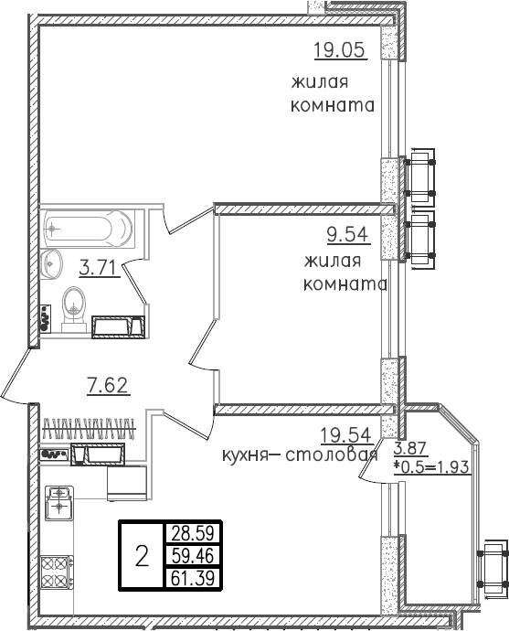 Планировка — URAL, 3-комн., 61 м²